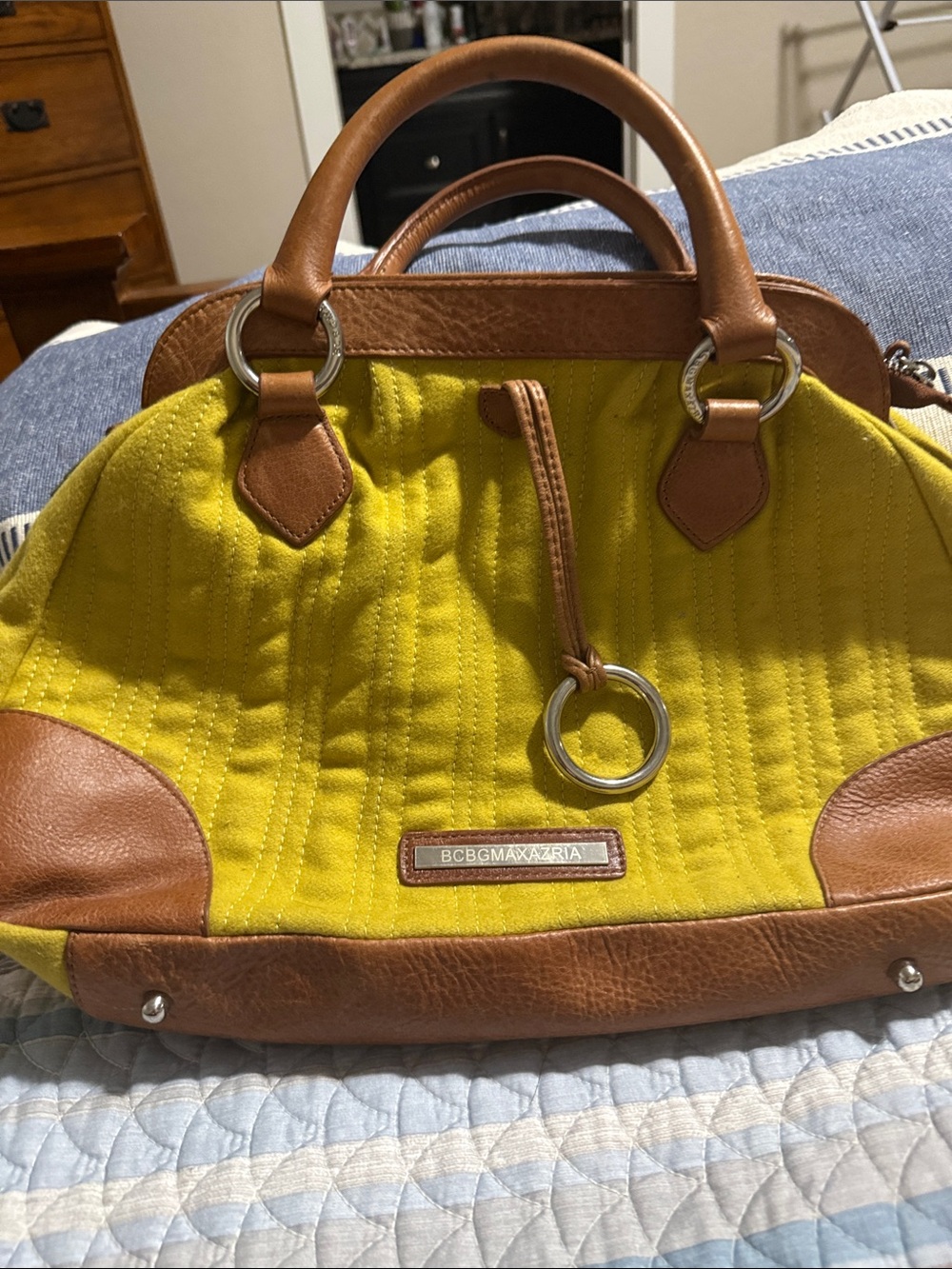 BCBGMaxAzria Yellow Quilted Satchel with Brown Leather Trim
